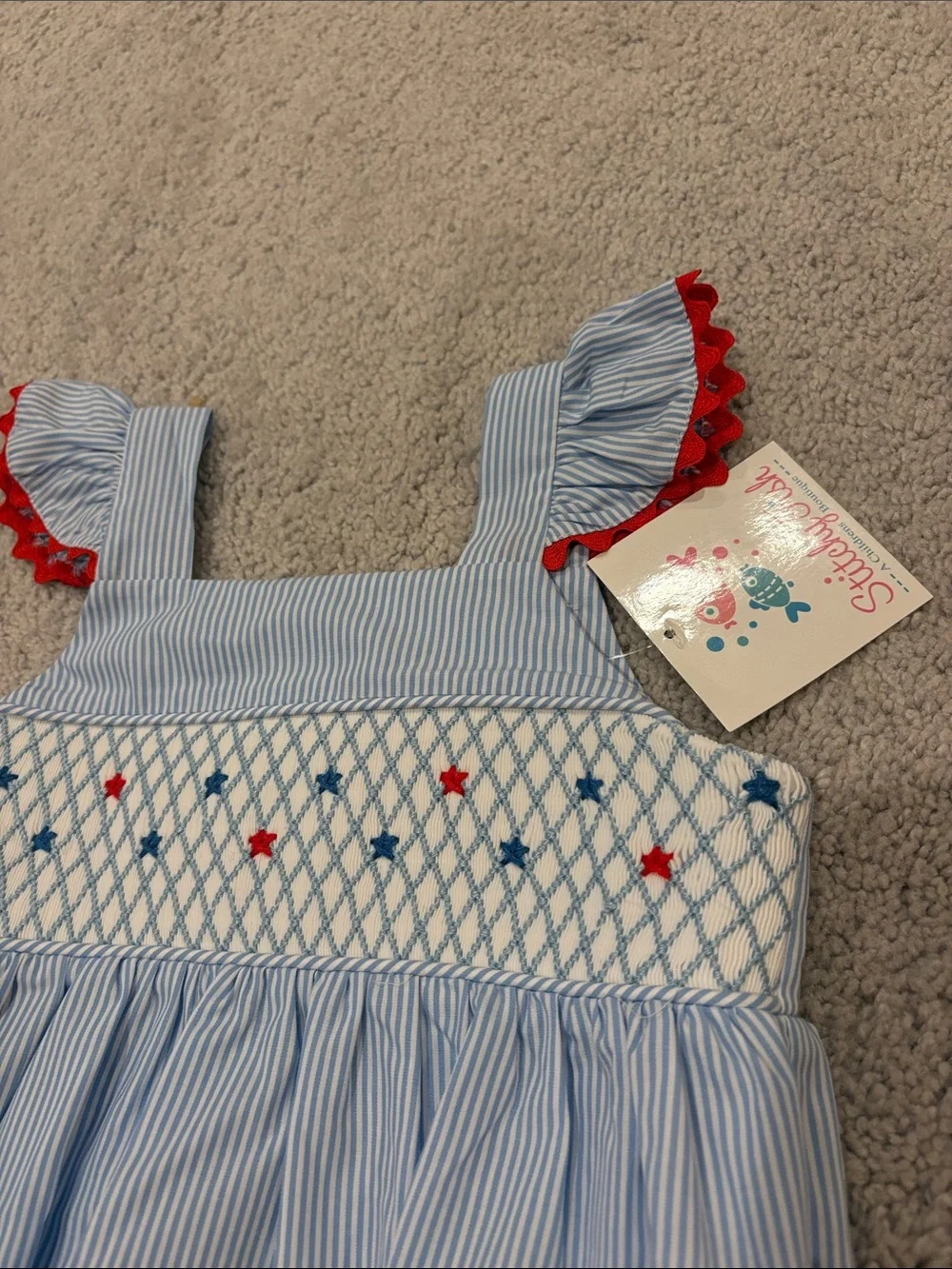 Blue Stripe Smocked Baby One-Piece with Red Trim